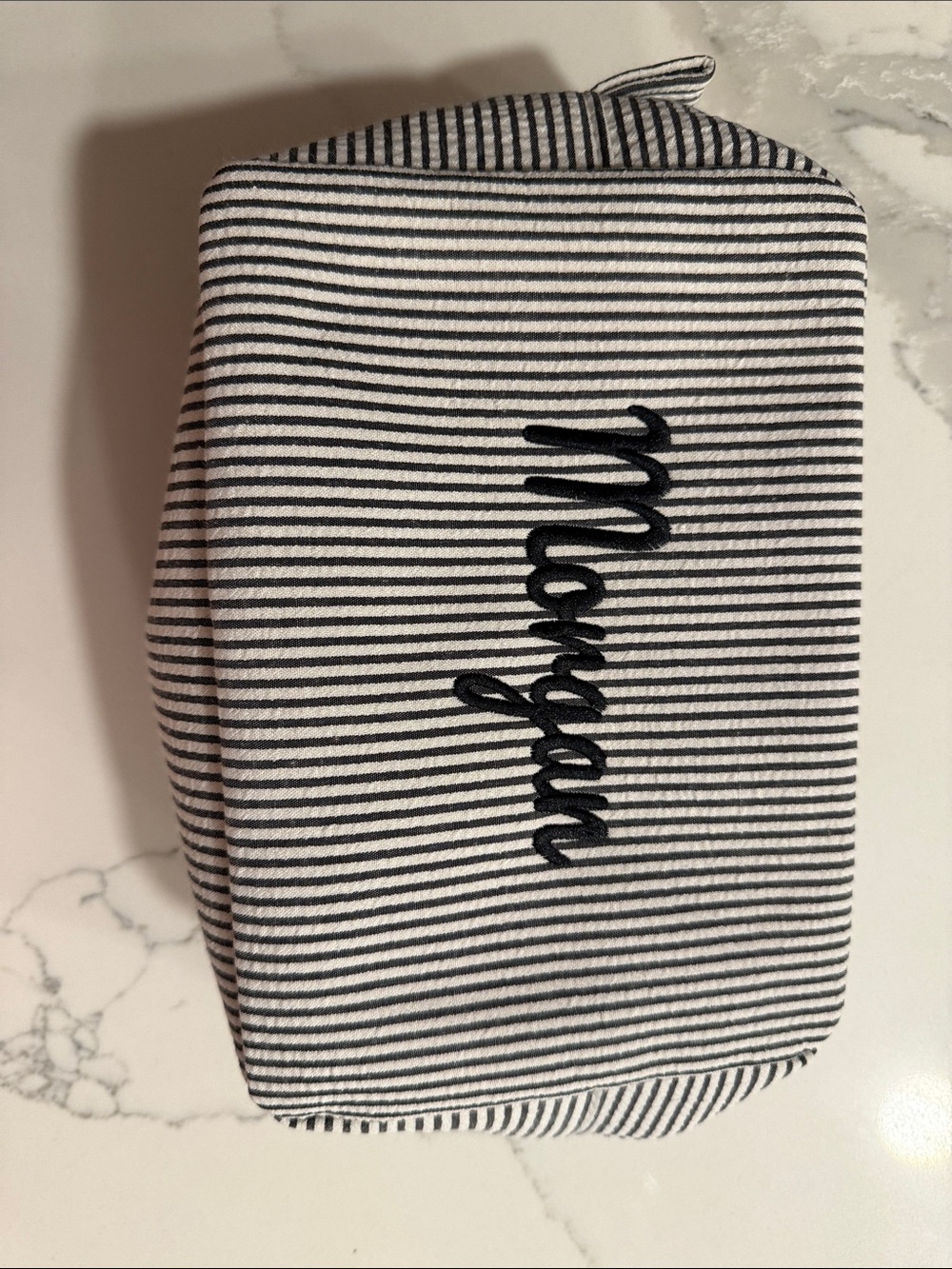 Striped Black and White Makeup Bag with Script Detail
